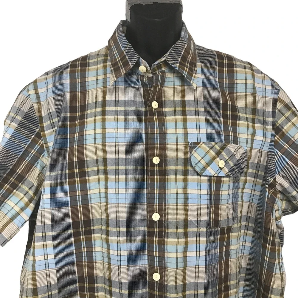 Indigo Palms‎ Mens XXL Blue Brown Plaid SS Button Down Shirt Cotton Blend